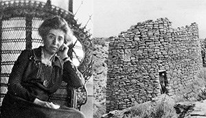 Portrait of architect Mary Colter, left, tower ruin in Hovenweep N.M. right