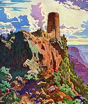 Widforss-Postcard-H4480 shows watchtower emerging from the canyon rocks