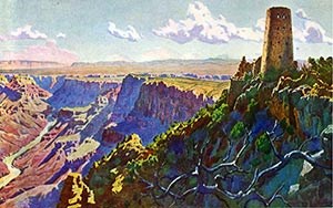 Widforss-Postcard-H4481 shows painted view from west of Colorodo River and Watchtower
