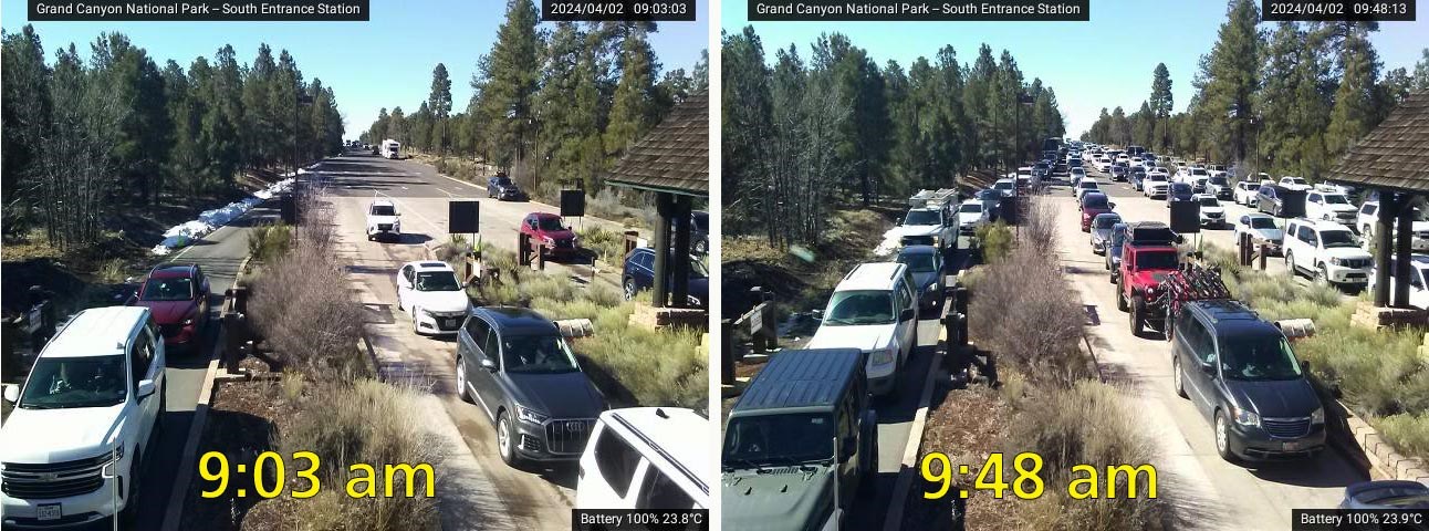 a pair of photos showing the length of vehicle lines waiting to enter the park. 9:03 am shows 8 cars. 9:48 shows 5 long lines extending to the horizon