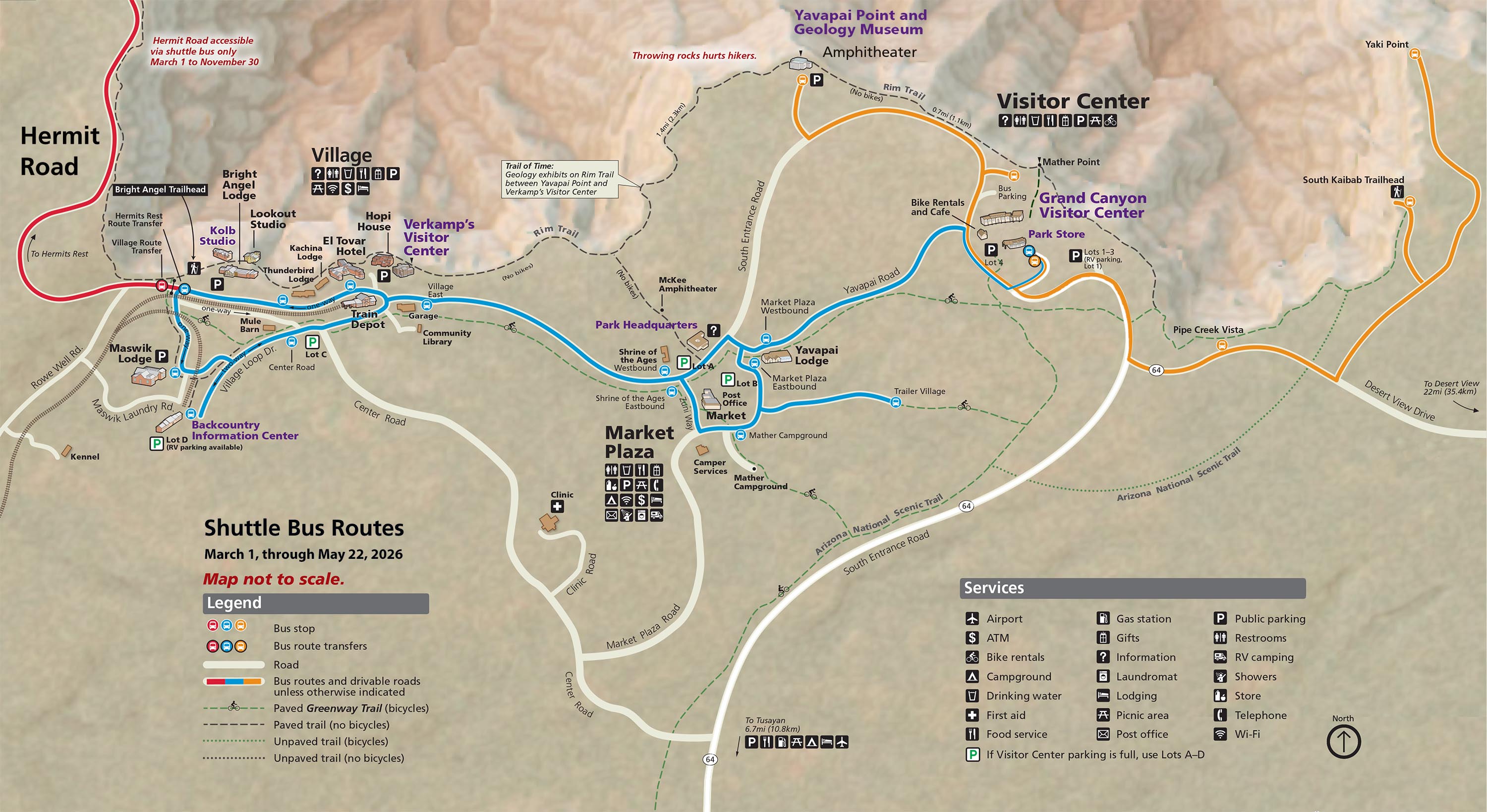 Map showing South Rim Grand Canyon Village and Vicinity showing three shuttle bus routes that are in service during the spring. The 4 routes are indicated by blue, orange purple and red lines.