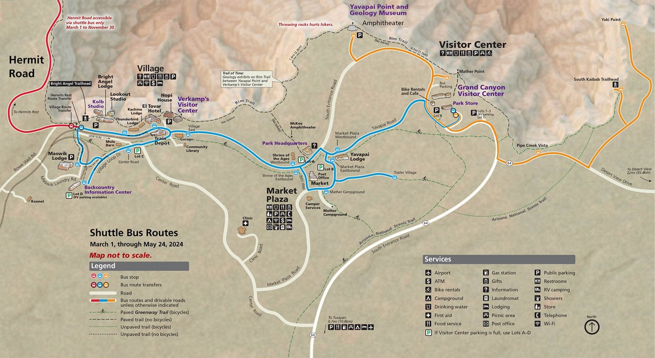 Map showing South Rim Grand Canyon Village and Vicinity showing three shuttle bus routes that are in service during spring 2024