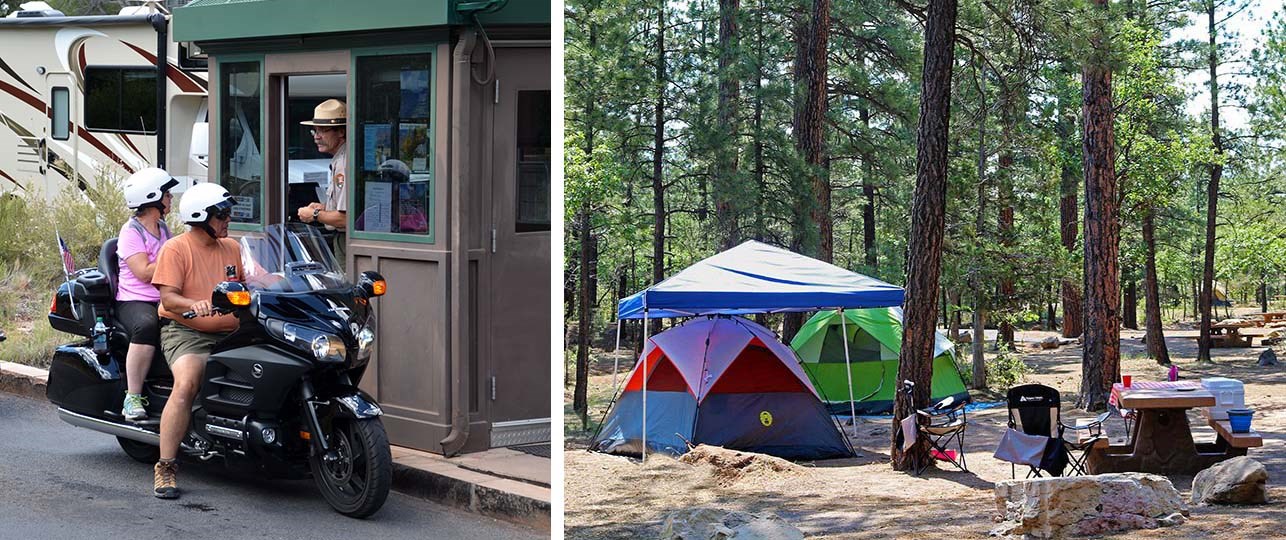 Two photos: Left - a motorcycle with two riders talking to a park ranger in an entrance station booth. Right - a campsite with two colorful tents and a picnic table.