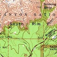 a section of a USGS topo map that shows canyon cliffs and a forested area in green above the canyon