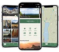 three mobile phones side-by-side, are displaying screens from the NPS mobile app; the menu, map, and search.