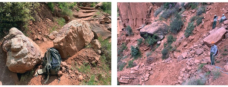 Photos taken May 2024 showing trail damage on the North Kaibab Trail. Winter damage has resulted in degraded conditions in the Supai layer, causing part of the trail to be impassible for horses/stock. The North Kaibab Trail is open to hikers.