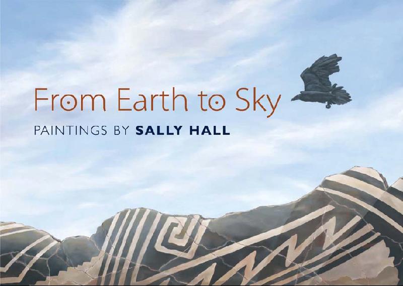 a painting by Sally Hall showing a raven flying over some prehistoric pottery.