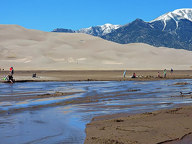 A shallow creek flowing at the base of dunes and a snow-covered mountain
