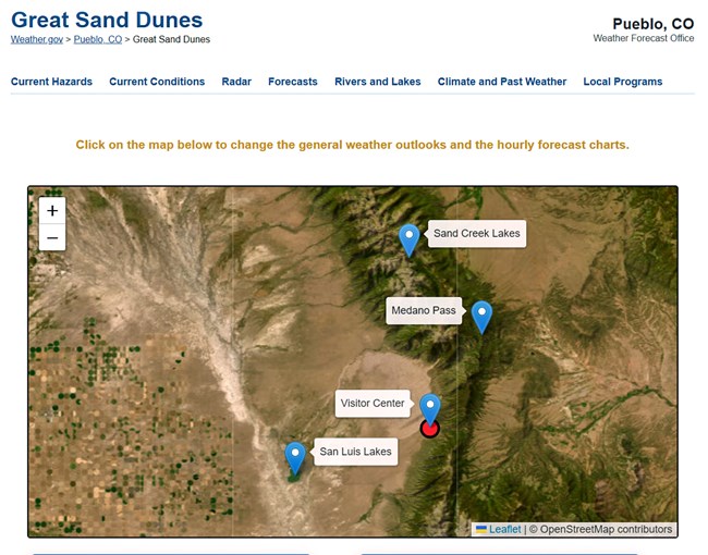 Weather.gov GRSA Homescreen showing an interactive map of the park and preserve area with clickable forecasts