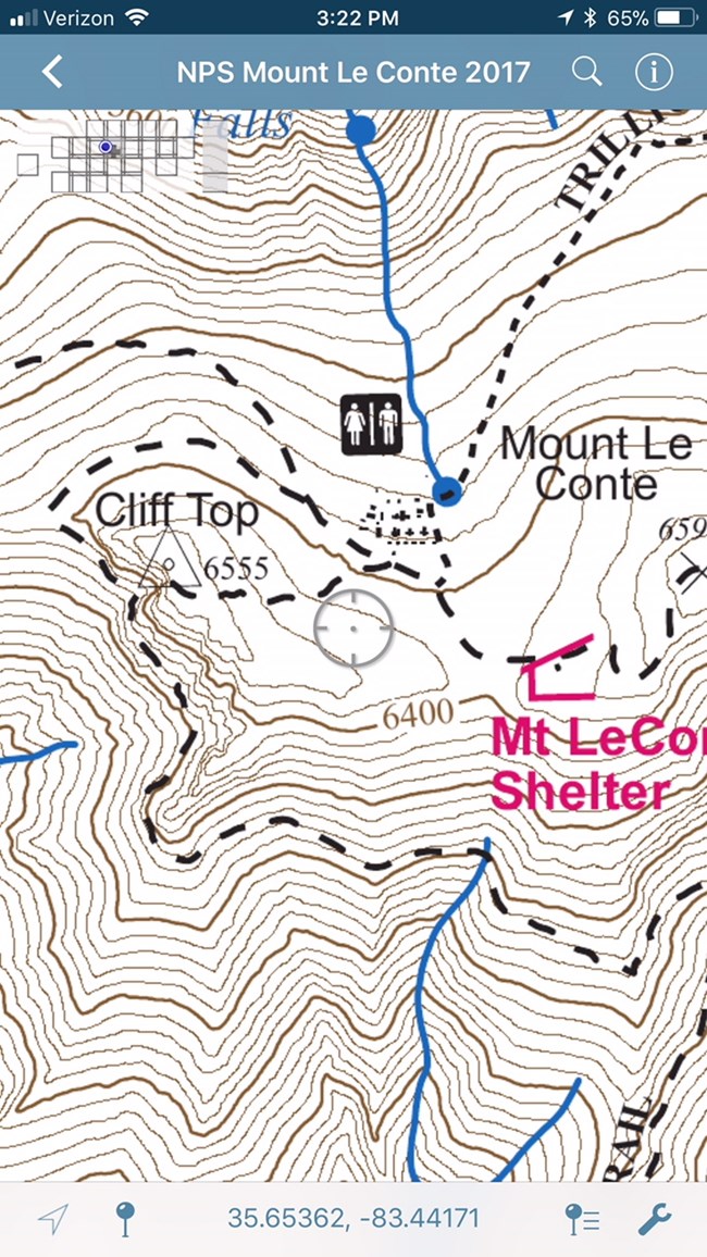 A phone screenshot of an Avenza topography map. The title says "NPS Mount Le Conte 2017" in white text on a blue background. Other text includes "Mt. LeConte", "Cliff Top", and elevation labels from 6,400-6,555 feet. A restroom icon is also labeled.