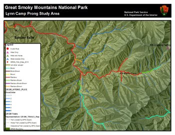 A map showing the study areas of Lynn Camp Prong in Great Smoky Mountains National Park