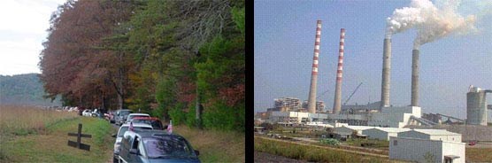 A composite of two photos.  A picture of a heavy traffic jam within the Cades Cove Loop Road (left). A photograph of an active coal fire plant (right).