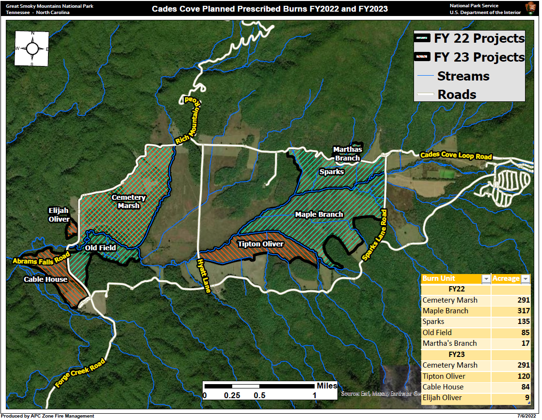 map showing Cades Cove area and planned prescribed fires