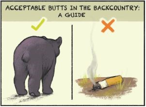 Left side depicts a cartoon bear behind with a green check mark above it. The right side depicts a smoldering cigarette butt with a red x above it.