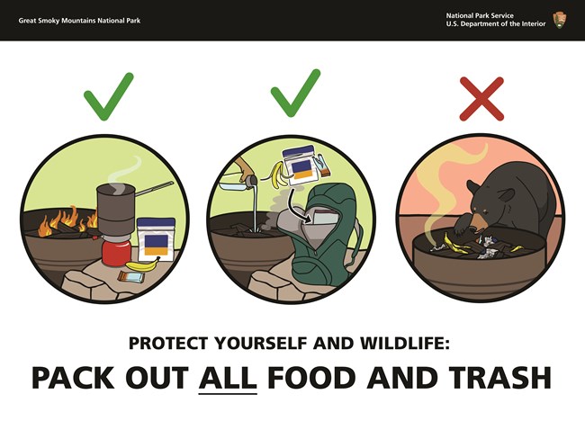 Text says, "Protect yourself and wildlife: Pack out all food and trash." 3 circles of correct & incorrect behaviors with food/trash. 1 & 2 have green checks & show proper cooking & packing out trash. 3 has a red x & a bear digging through a fire ring.