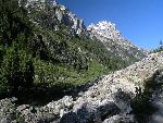 View up Cascade Canyon with trail and talus field.