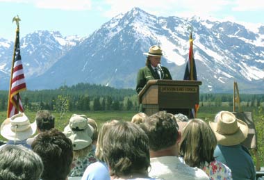 Superintendent Mary Gibson speaking at the Grand Teton Lodge National Historic Landmark Designation ceremony in 2005.