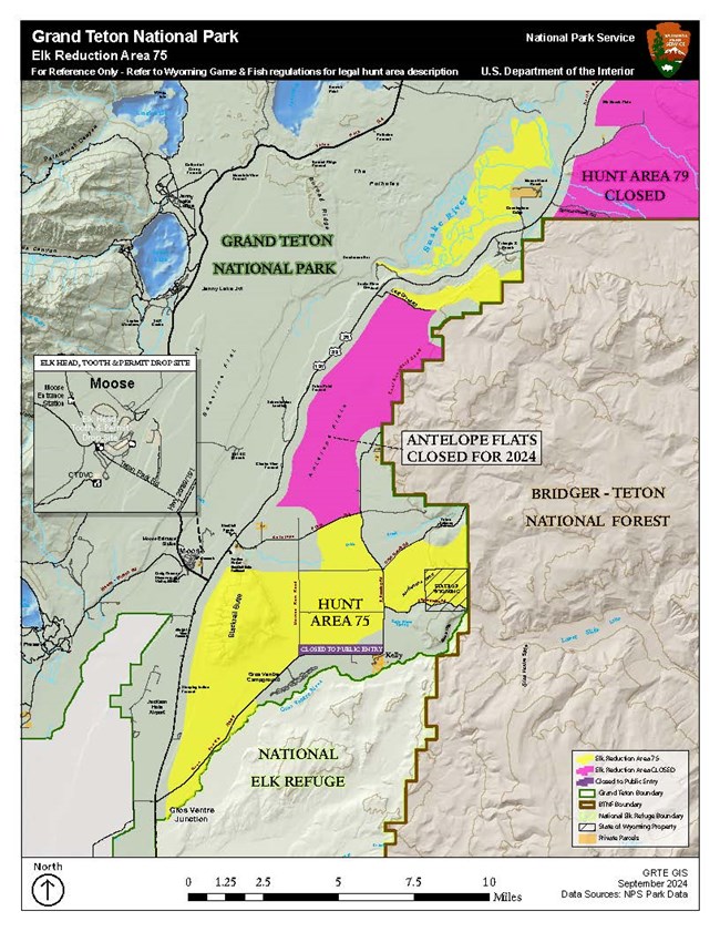 Map of Elk Reduction Area 75 in Grand Teton National Park. Area 75 is east of HWY 191/89/26 to the park boundary. Specific description available from WY Game and Fish.