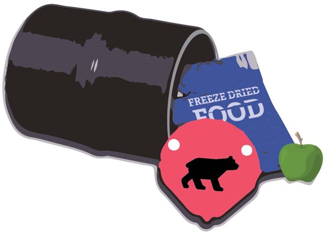 Bear Canister for backpacking, black cylinder on its side with food spilling out and a lid with a bear symbol