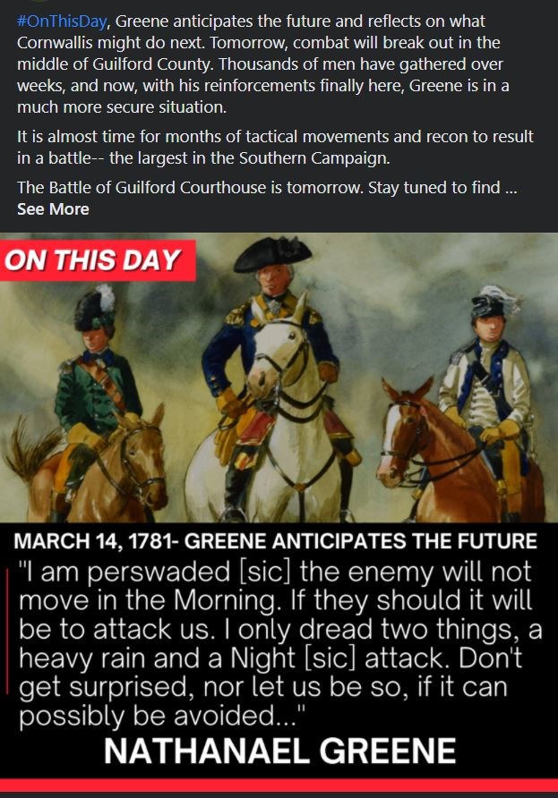 Facebook On This Day post featuring watercolor painting of Banastre Tarleton, Nathanael Greene, and William Washington. Accompanied by text describing events on March 14, 1781. The text is white on black and red fields.