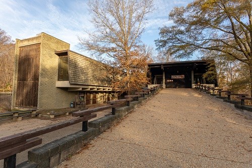 An image of the Great Falls Visitor Center from the base of the ramp leading to the entrance to the visitor center.