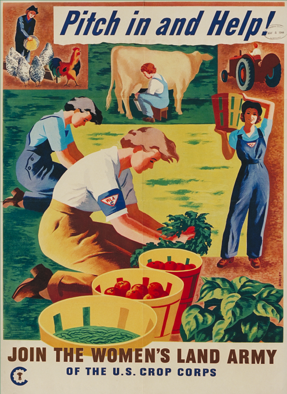 Poster comprised of color drawings of women working in gardens or on farms; text on poster reads "Pitch in and Help!" and "Join the Women's Land Army of the U.S. Crop Corps"