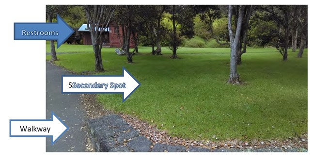 Grassy area with labels, "Restroom, Secondary Spot, Walkway"