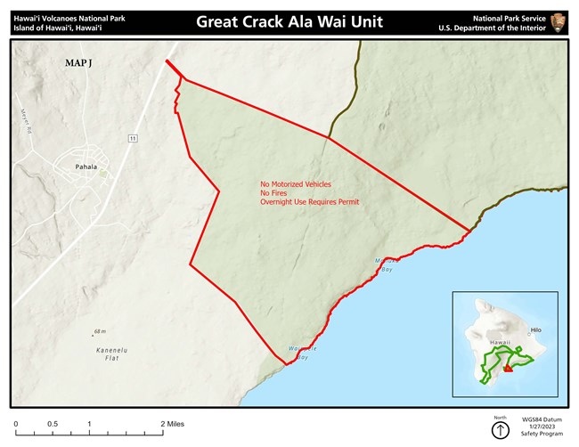 Map showing regulations at Great Crack Ala Wai Unit- No motorized vehicles, No fires, Overnight use requires permit.