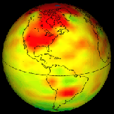 Image of Earth with green, yellow, orange, and red, showing increased global warming.