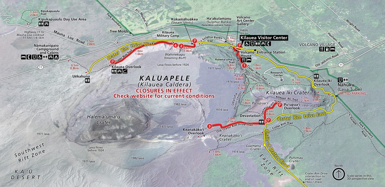 Map showing eruption viewing areas between Kīlauea Overlook at Kūkamāhuākea (Steam Vents), Kūpinaʻi Pali, and Keanakākoʻi.