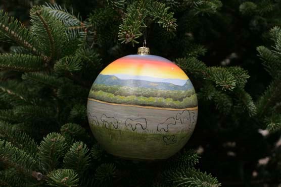 A spherical ornament painted with a scene of the Mississippi River overlaid with the outlines of the Marching Bear effigy mounds hangs from the bough of a spruce tree.