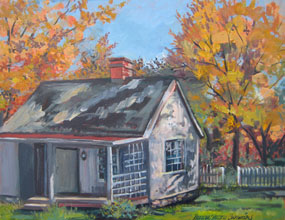 An oil painting of a small cottage among autumn foliage.