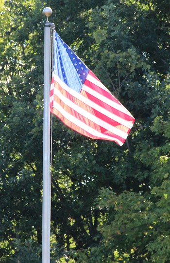 An American flag waves on a flagpole in front of trees