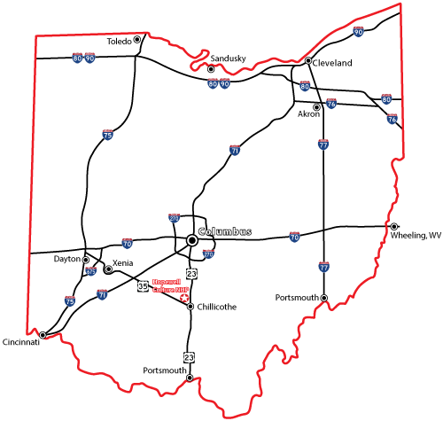 A map showing the outline of Ohio with interstate roadways criss-crossing the map and Chillicothe located at the lower, center part of the state map with a white star outlined in red to show Hopewell Culture NHP