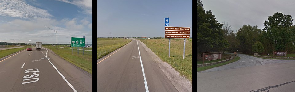 Pictures of a highway with highway signs and an exit ramp with landmark signs
