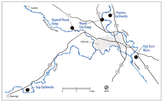 Map of the five units of Hopewell Culture National Historical Park.