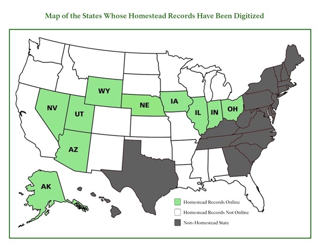 Land Records Map showing states with homesteading and without and those with records.