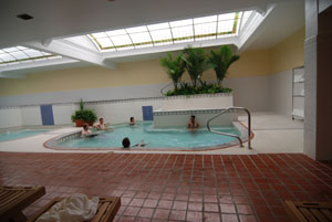 Interior of Quapaw Baths showing people in pools with stained glass skylight overhead.