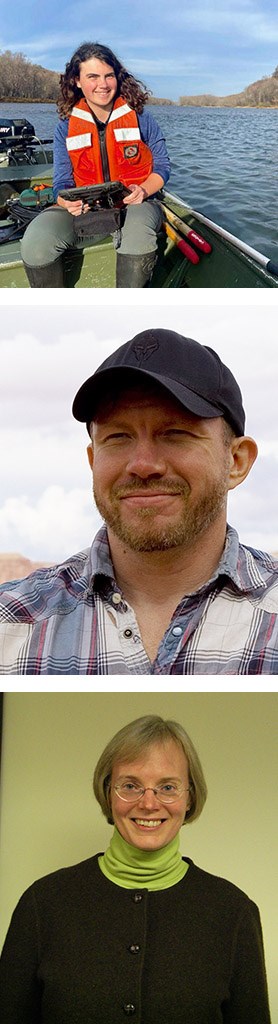 Three photos stacked vertically, depicting a woman with black hair in a boat, a man wearing a baseball cap, and a woman with blonde hair standing in front of a wall.