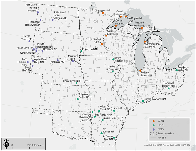 A map of the central United States with small gray lines and colored dots
