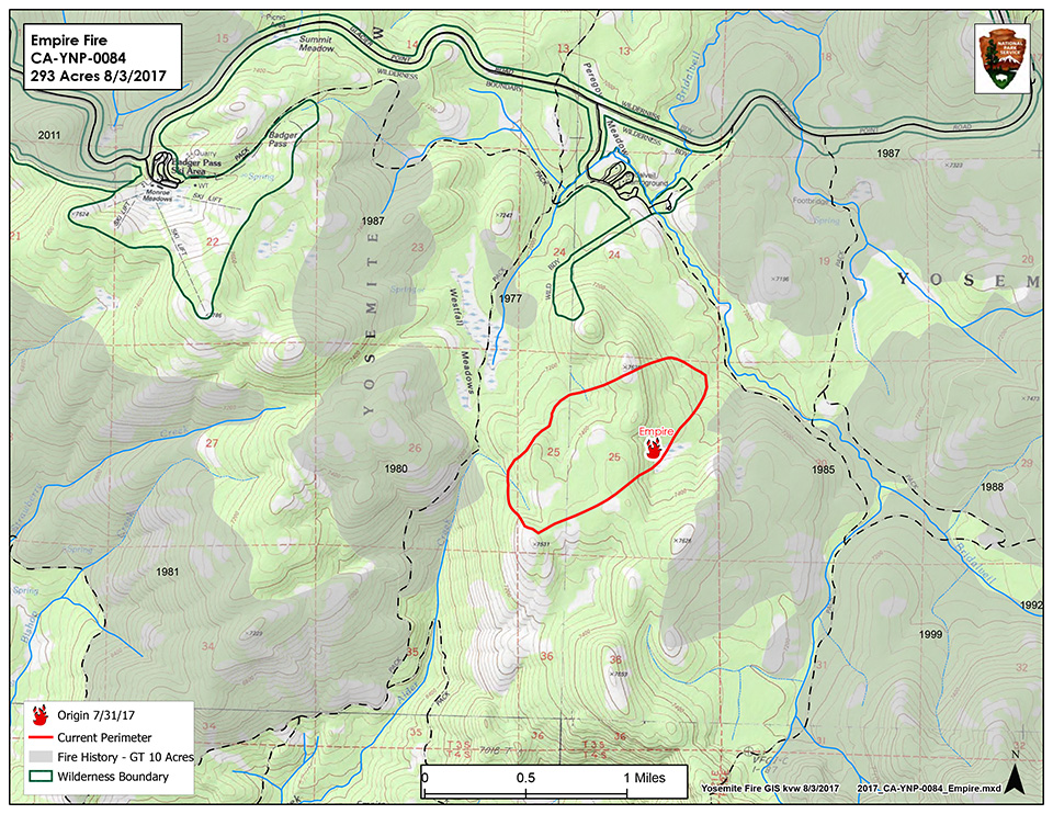 A map illustrating the Empire fire, burning about a mile from Bridalveil Creek Campground.