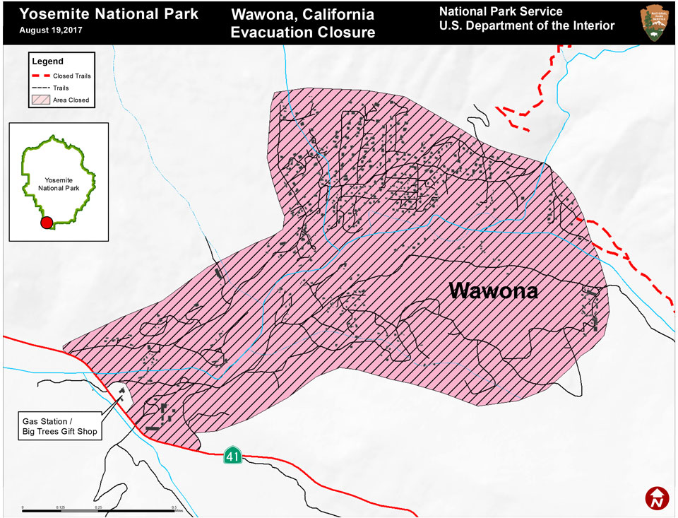 A map illustrating closures in the community of Wawona due to a wildland fire.