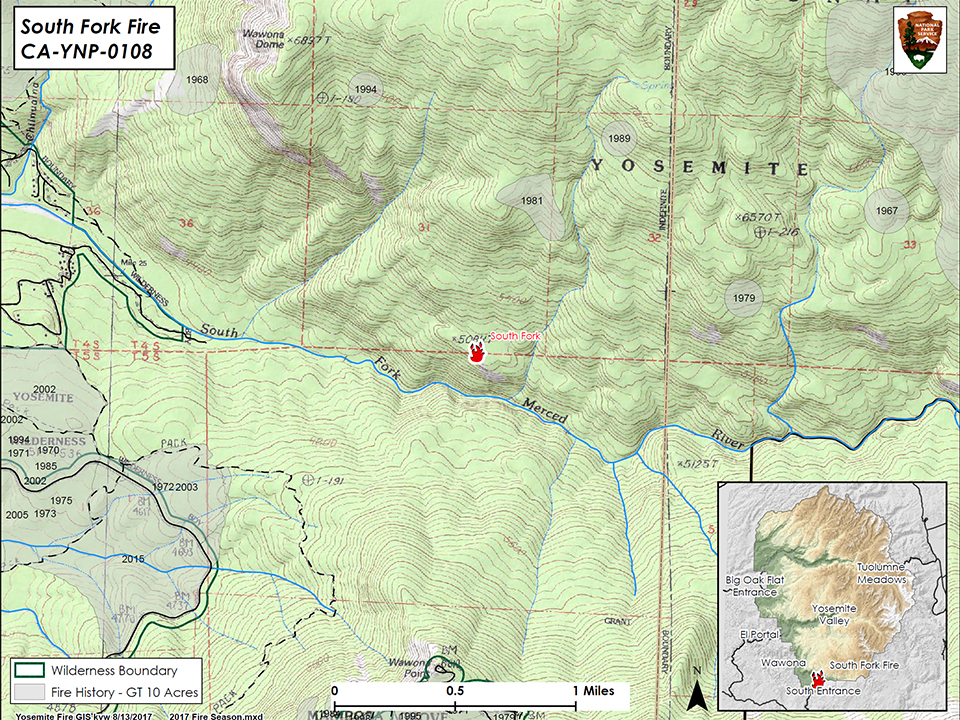 Map showing the location of the South Fork Fire in Wawona 8.14.17