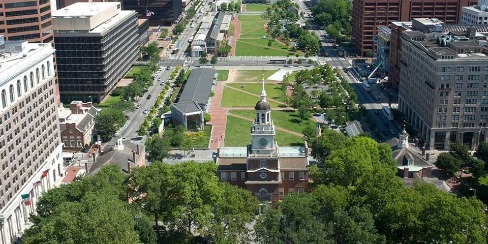 Aerial photo showing Independence Hall and looking north across the landscaped mall.