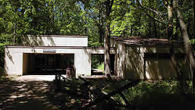 small modern building shadowed by large trees small modern building shadowed by large trees