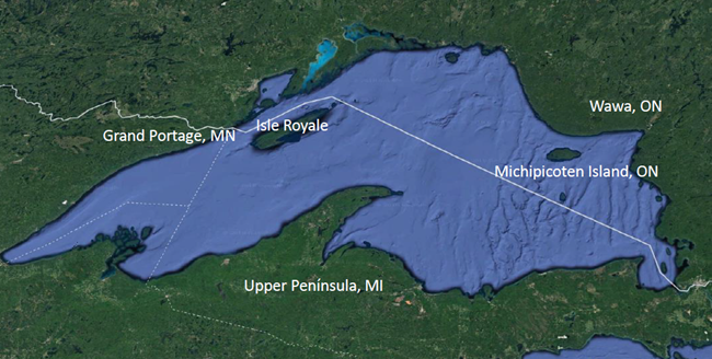 Map of Lake Superior with Isle Royale and four locations that wolves were relocated from: Grand Portage, MN, Wawa, ON, Michipicoten Island, ON, and the Upper Peninsula of MI.