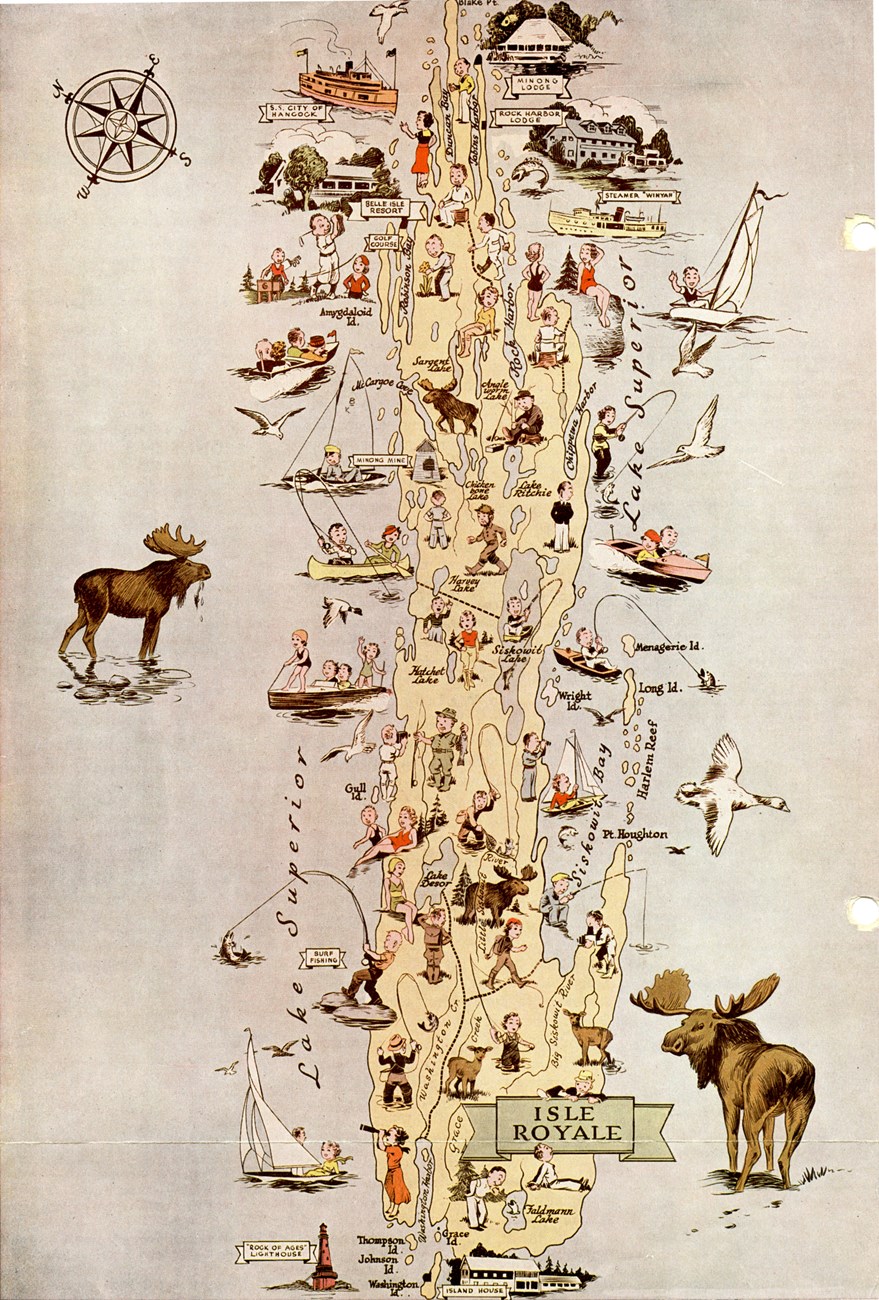 1930s era drawn map of the 4 major resorts with cartoonish characters fishing, golfing, hiking, friendly moose