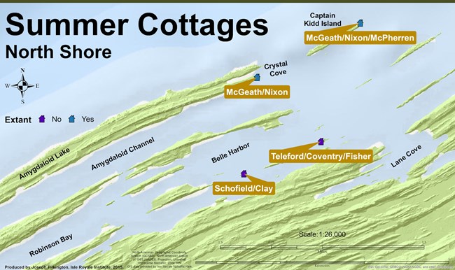 map depicting location of the four North Shore cottages, all located on outlying islands