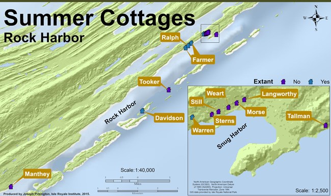 map depicting 12 Rock Harbor based summer cottages, with seven of those complexes in Snug Harbor