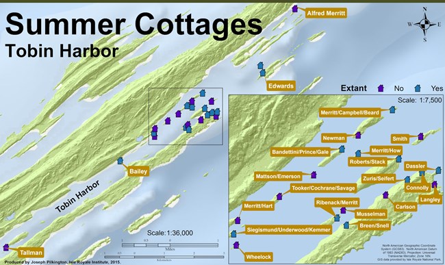 map depicting two dozen Tobin Harbor cottage complexes, the majority of them on small islands